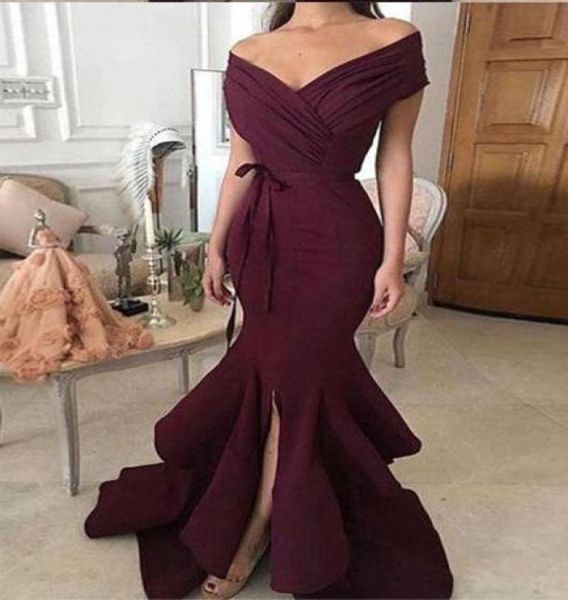 

elegant burgundy long mermaid prom dresses 2019 little split ruffles evening gowns vneck off the shoulder formal party dress5135771, Black