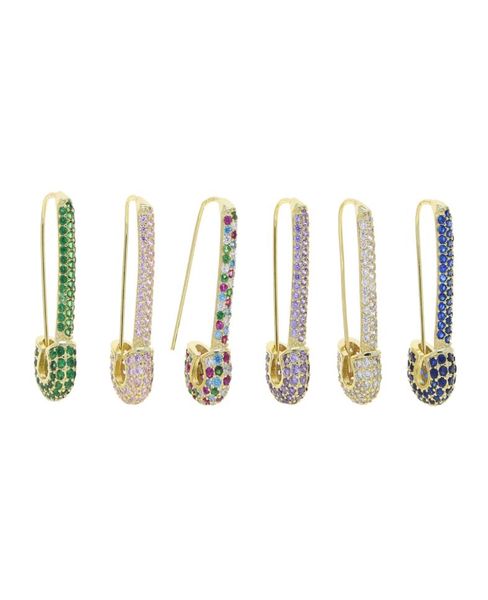 

whole rainbow colorful wedding earring paved white pink green blue cz unique paperclip safety pin stud earings women fashion j3485968, Golden;silver