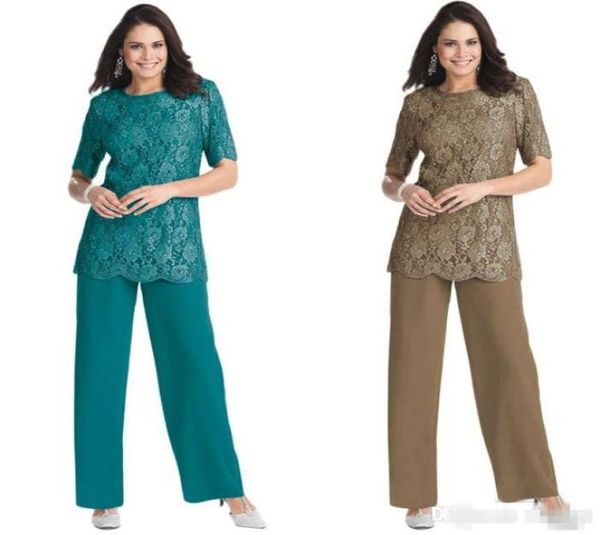 

new half sleeves jewel neck mother of the bride suits lace chiffon pants suit plus size custom made7332568, Black;red