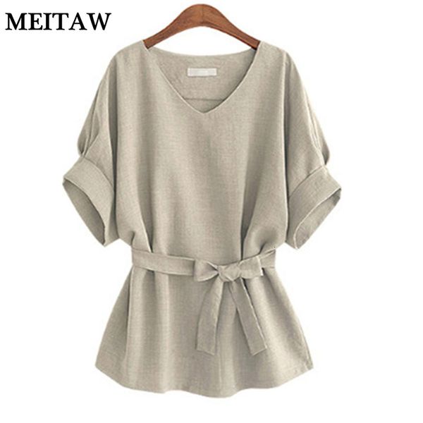 

womens blouses shirts 5xl plus size women cotton linen blouse casual v neck big bow summer ladies short sleeve loose tunic 230726, White