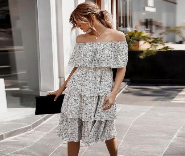 

2020 women casual dress summer ladies dot print off shoulder dress ruffled short sleeve bandeau sundress midi femme2428240, Black;gray