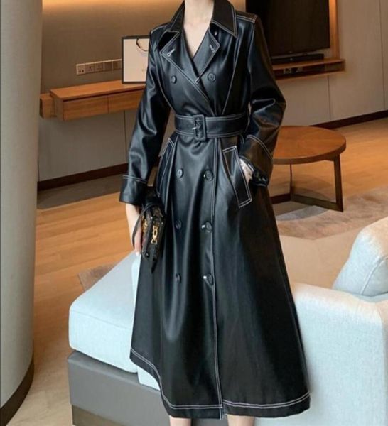 

2020 spring autumn fashion pu leather trench coat women double breasted slim belted long jacket1937793, Tan;black