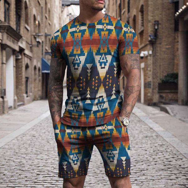 

new men's fashion casual short sleeve shorts men's 3d printing set, Gray