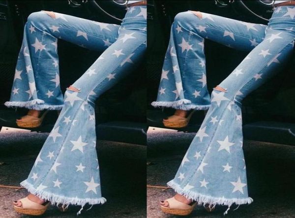 

women039s jeans woman fashion skinny star shape printed with tassel stretchy denim high street bell bottoms vintage flare 7758591, Blue