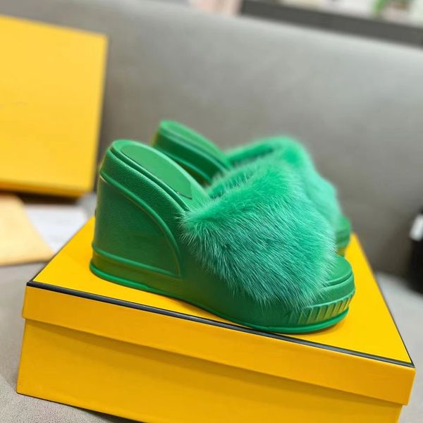

mink fur hair pumps fashion show sandal f letter slippers high block heels wedges mules women ladies f double sandals platform clogs dress s, Black