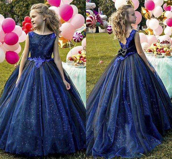 

dazzling sequined dark navy flower girl dresses lace appliqued toddler little girl' pageant party gowns floor length kids children lon, White;blue