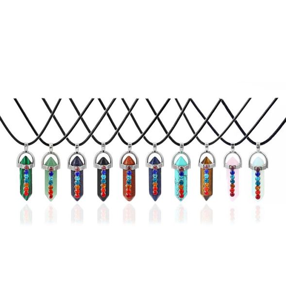 

hexagonal prism crystal pink quartz natural stone pendant 7 chakra necklace with 50cm stainless steel chain1947051, Silver