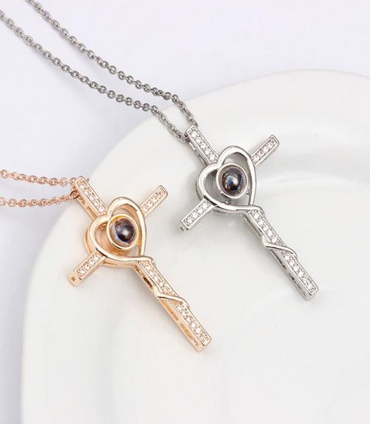 

new 100 languages i love you projection necklaces for women girlfriend crystal cross pendant romantic love memory wedding jewelry5000930, Silver