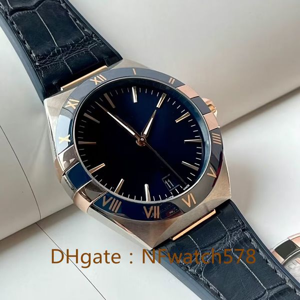 

men watch 41mm coaxial 131 23 watches miyota 8215 automatic two tone rose gold precision steel case leather strap blue sun decorative plate, Slivery;brown