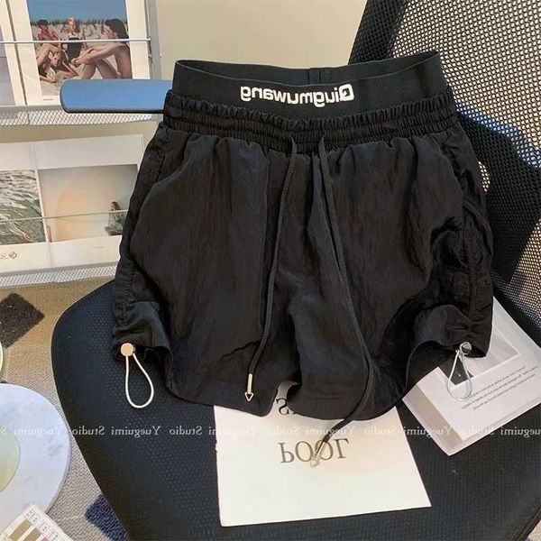 

black casual shorts for women's 2023 summer new high waisted loose design wide leg with small drawstring pants, White;black