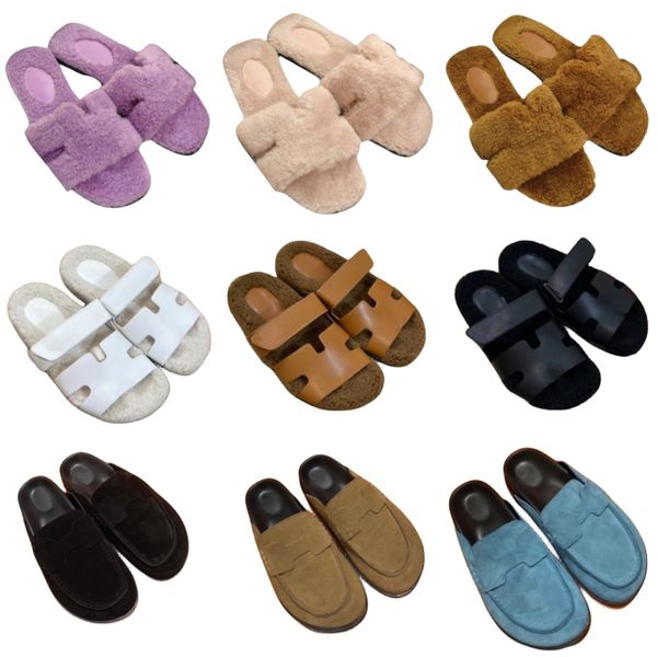 

luxury slippers women's fur designer shoes flat heel loafers shoes hoop&loop platform shoes winter warm slides letter brand beach shoes, Black