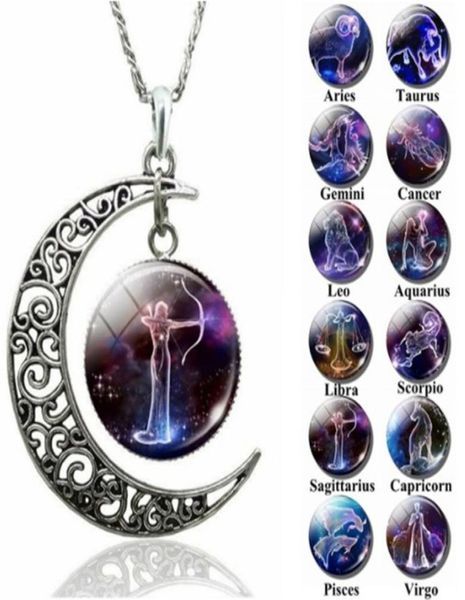 

12 zodiac pendant necklaces hollow moon cabochons glass moonstone constellation starry sky charm chokers for women s fashion jewel4787876, Silver