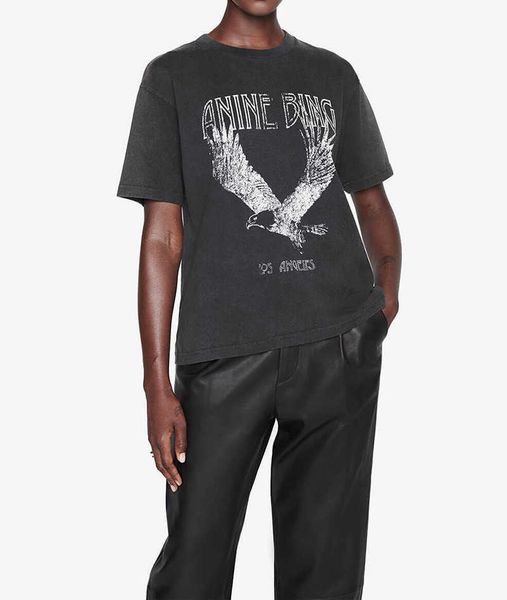

anines bing apparel fashion brand tee shirt eagle printing fried snowflake color wash women black short-sleeved designers t shirts pure cott, White