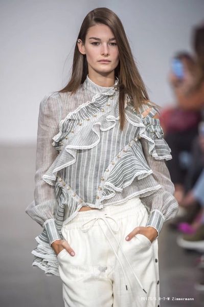 

womens blouses shirts womens european design stand collar ruffles patchwork hollow out stripe print long sleeve asymmetric blouse shirt 230, White