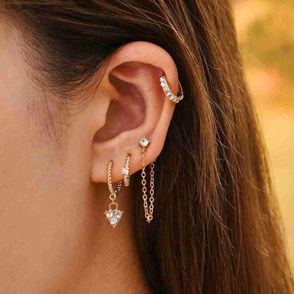

5pcs/set retro heart pendant cz dangle earrings for women small circle twist huggie stylish ear buckle 2023 new jewelry bijoux l230620, Golden;silver