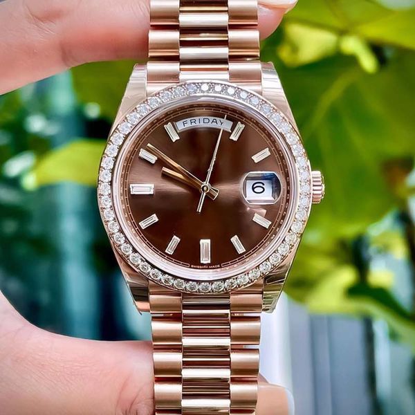 

diamond mens watch watches rolx aaa 40mm watch daydate automatic mechanical movement luxury men wristwatch 904l stainless steel strap watch, Slivery;brown