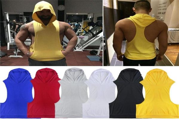 

hooded tank men muscle gym clothing with packet hoodie bodybuilding tanksolid workout sleeveless vest pullover stringer8138390, White;black