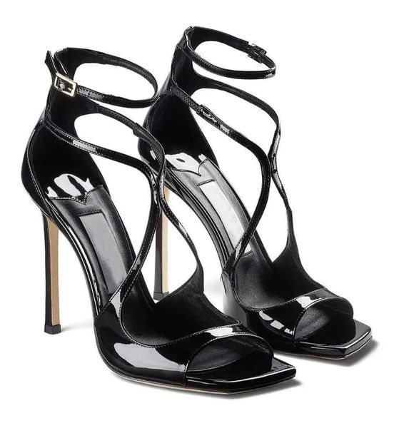 

famous azia sandals shoes square toe women high heels cross gladiator sandalias exquisite stiletto-heel lady wedding party dress evening, Black