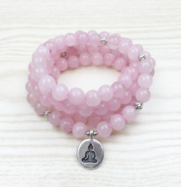 

sn1028 love 108 rose quartz mala beads bracelet women yoga jewelry buddhist necklace heart chakra lotus charms bracelet7151867, Black