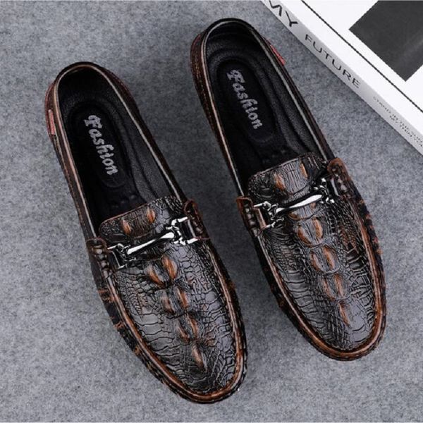 

crocodile print shoes men casual luxury handmade leather loafers men italian fashion driving dress shoes retro moccasins 1aa24, Black