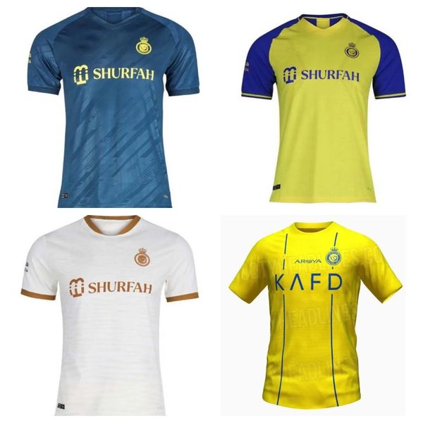 

22 23 24 al nassr fc soccer jerseys ronaldo 2023 2024 home yellow away cr7 gonzalo martinez talisca fans player version men kids kit sports, Black;yellow