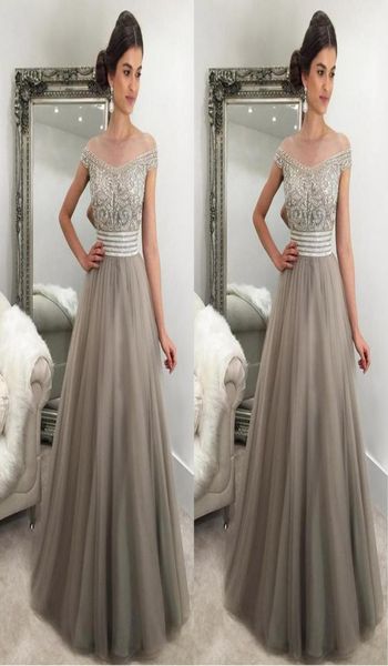 

2017 elegant silver gray evening dresses off shoulder cap sleeves crystal beaded tulle puffy saudi arabic formal evening gowns pro8662769, Black;red