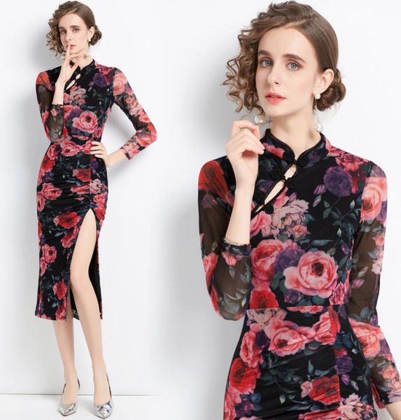 

drop whole new arrival summer fall retro printing improved cheongsam women ladies party fashion temperament casual col8130363, Black;gray