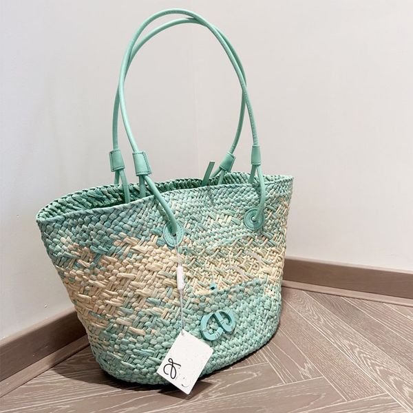 

straw woven basket bag raffia handcraft handbag purse large capacity beach tote bags calfskin leather shoulder strap classic letter handwove