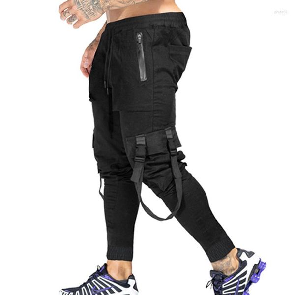 

men's pants spring and autumn casual fashion label multi-pocket overalls close-up cargo men, Black