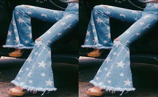 

women039s jeans woman fashion skinny star shape printed with tassel stretchy denim high street bell bottoms vintage flare 6072112, Blue