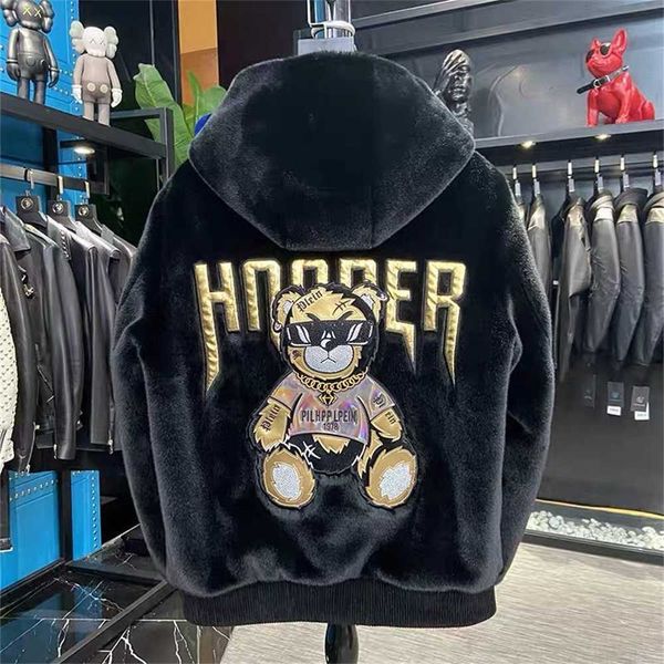 

designer tech jackets winter mink plush jacket men women thick warm hooded coats fashion couple cashmere coat little bear gold stamping outw, Black;brown