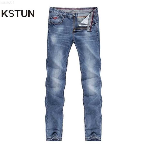 

men's mens jeans summer thin business casual straight slim fitness elastic light blue soft gentleman trousers cowboys jean hombre 21031