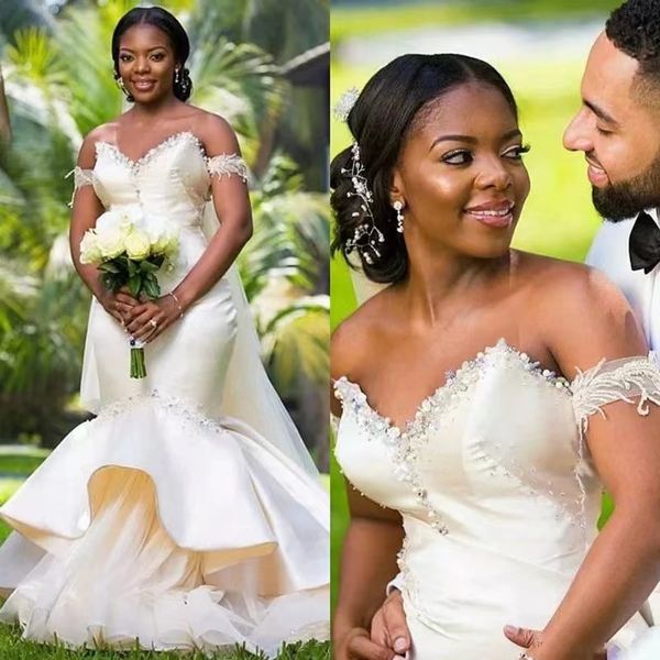

gorgeous ruffles long mermaid wedding dresses for women sweetheart lace-up back plus size vestidos de novia fishtail skirt pleated bridal re, White