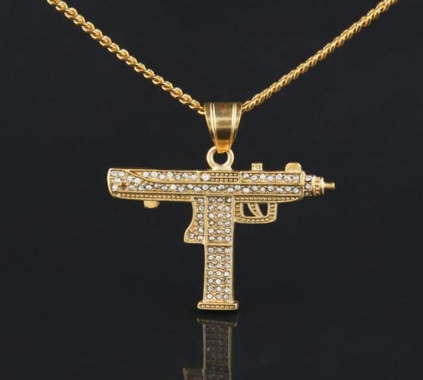 

fashion gold color gun pendant necklace men alloy full rhinestone bling submachine gun 24inch long cuban link chain wedding jewelr3333130, Silver