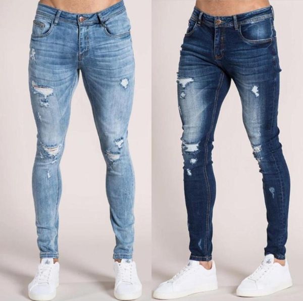 

mens hole skinny jeans skinny jeans men ripped stretch denim pants elastic waist big size asian size1205217, Blue