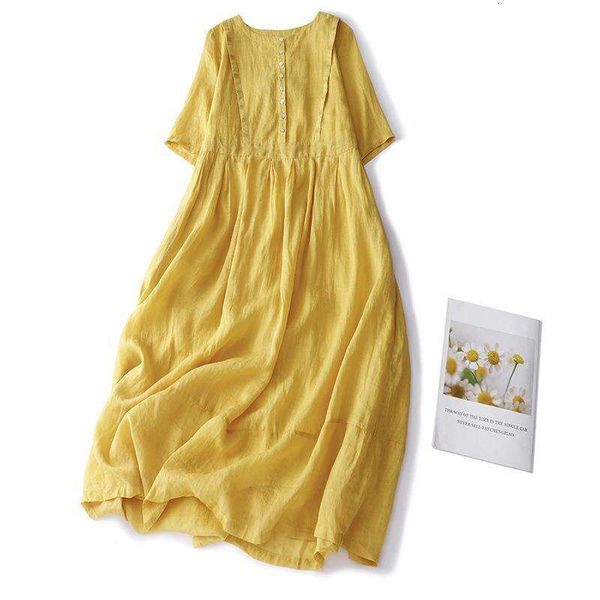 

summer ramie round neck short sleeve artistic loose dress double layer yellow sen female embroidery japanese slim, Black;gray