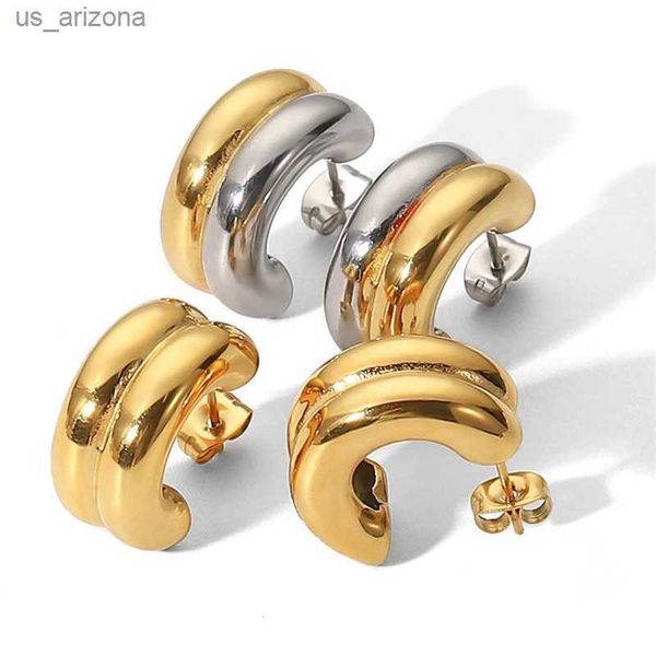 

youthway stainless steel stylish geometric double layer earrings 18 k pvd plated golden earrings fashion trendy jewelry women l230620, Golden;silver