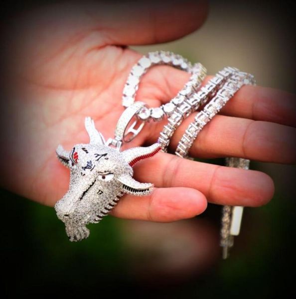 

hip hop iced goat head pendant in white gold with stainless steel rope chain for men women8136620, Silver