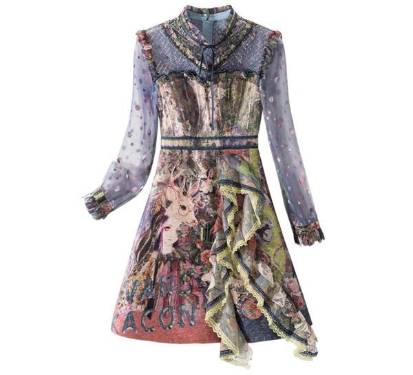 

women's dresses o neck ruffles long sleeves sequined printed lace up elegant autumn dress vestidos2026133, Black