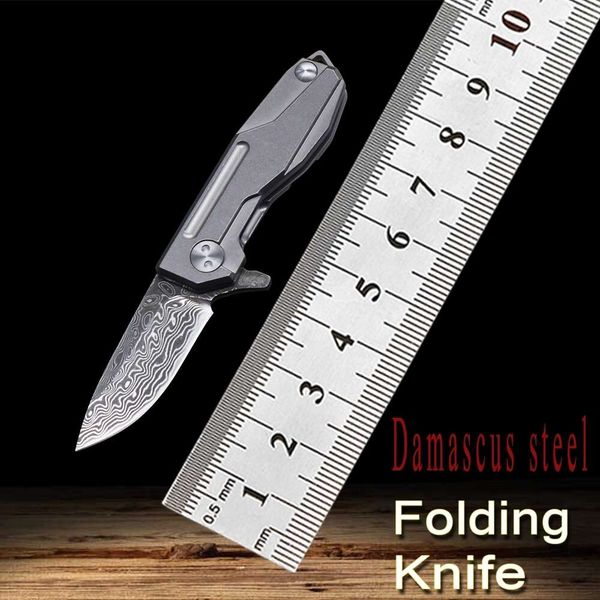 

accessories new tacticaloutdoor small folding knife damascus steel pocket knife portable hunting knife titanium handle mini necklace knife e, Silver