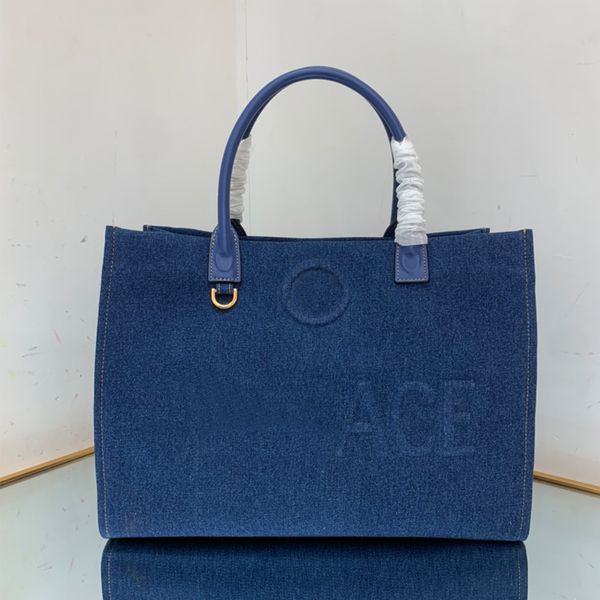 

denim tote bag women handbag large capacity clutch fashion gold hardware head embossed letter portable cowhide internal zipper pocket lady b