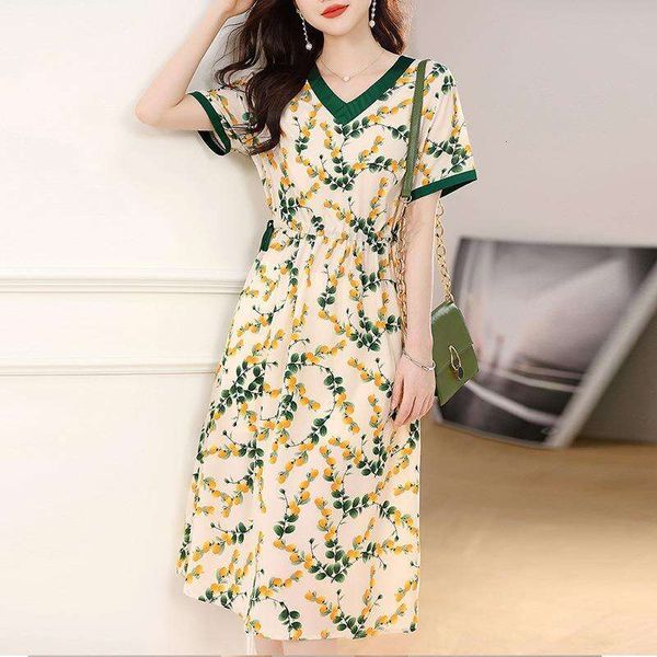 

summer french gentle v neck contrast color narrow waist revealing printed womens mid length short sleeved dress, Black;gray