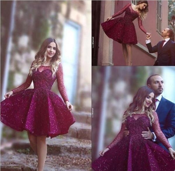 

blingbling long sleeves a line short burgundy sheer bateau neck beaded beading prom dresses homecoming dress knee length party gow5864121, Black