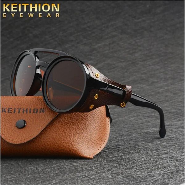 

keithion steampunk style round vintage sunglasses retro eyewear for men women with leather side glasses uv400, White;black