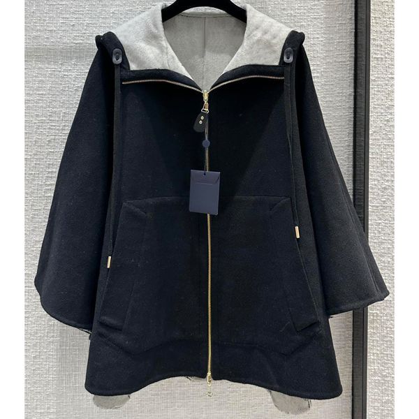 

7.26 fashion pattern jacquard double-sided wool hooded zipper women's cape, Black