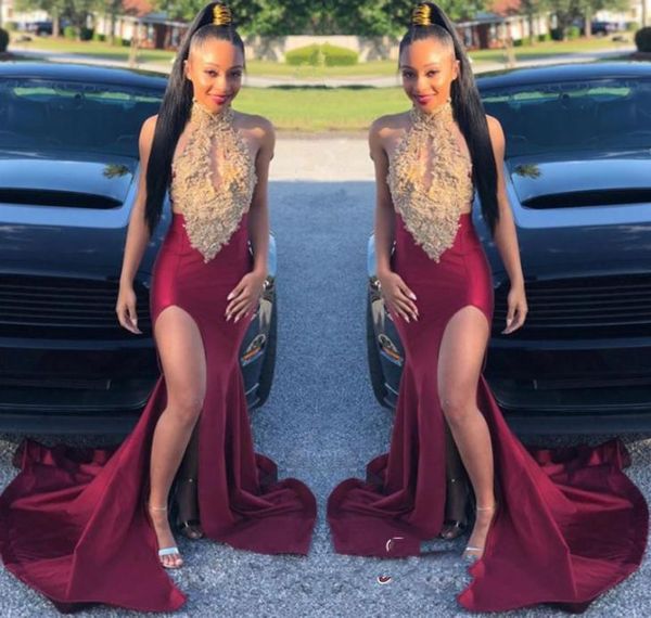 

2019 burgundy halter lace applique mermaid split prom gown keyhole neck sleeveless formal party dresses sweep train zipper back ev2911717, Black