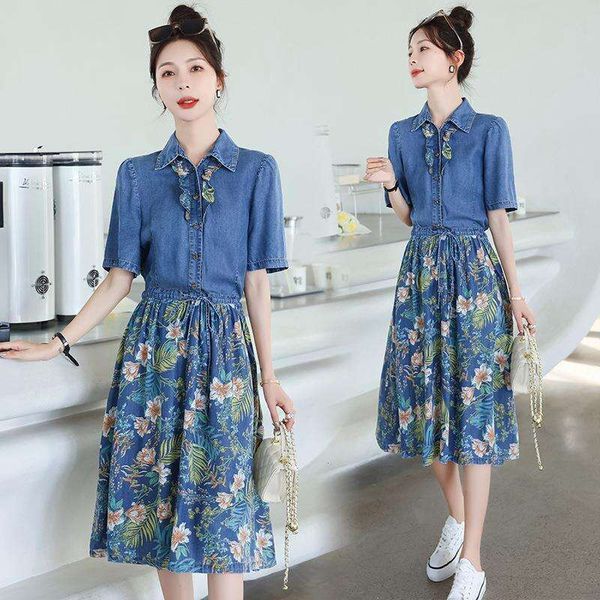 

short sleeved denim dress for women summer style slim waist casual knee length shirt skirt, Black;gray