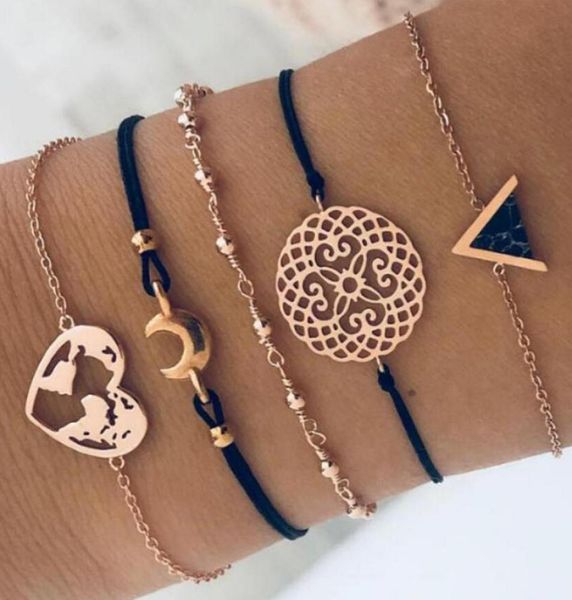 

bracelet set rope metal chain moon heart world map round hollowout flower triangle charm black glass setting gold color plated6626897, Golden;silver