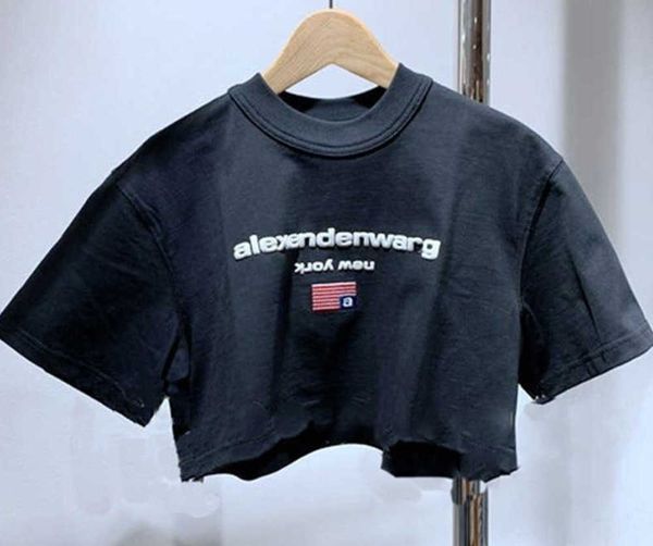 

aw dawang's 2023 spring summer new letter printing open umbilical short sleeve slim women t-shirt775, White