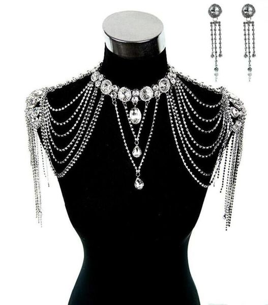 

wedding bridal dresses epaulet jacket crystal rhinestone silver necklace long shoulder long full body chain earrings jewelry set6030534, White